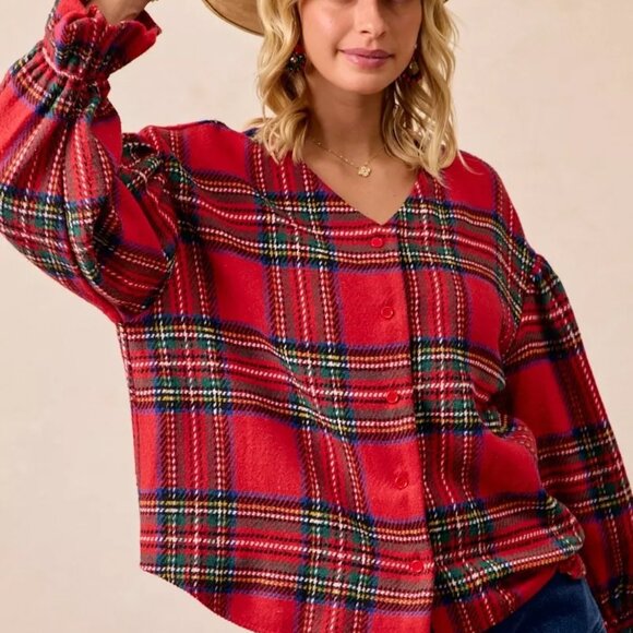 BiBi Christmas Plaid V-Neck Flounce Sleeve Jacket - Picture 2 of 15